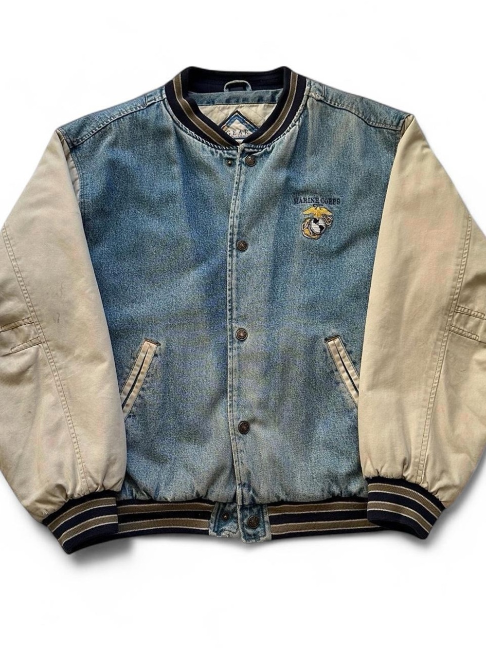 Vintage 90s Marine Corps Denim & Cream Bomber Jacket - USMC Embroidered XL
